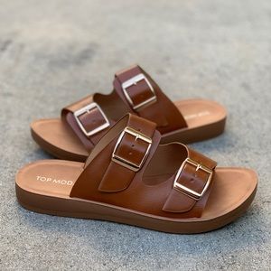 Top Moda Cushion Double Strap Buckle Slide Sandals